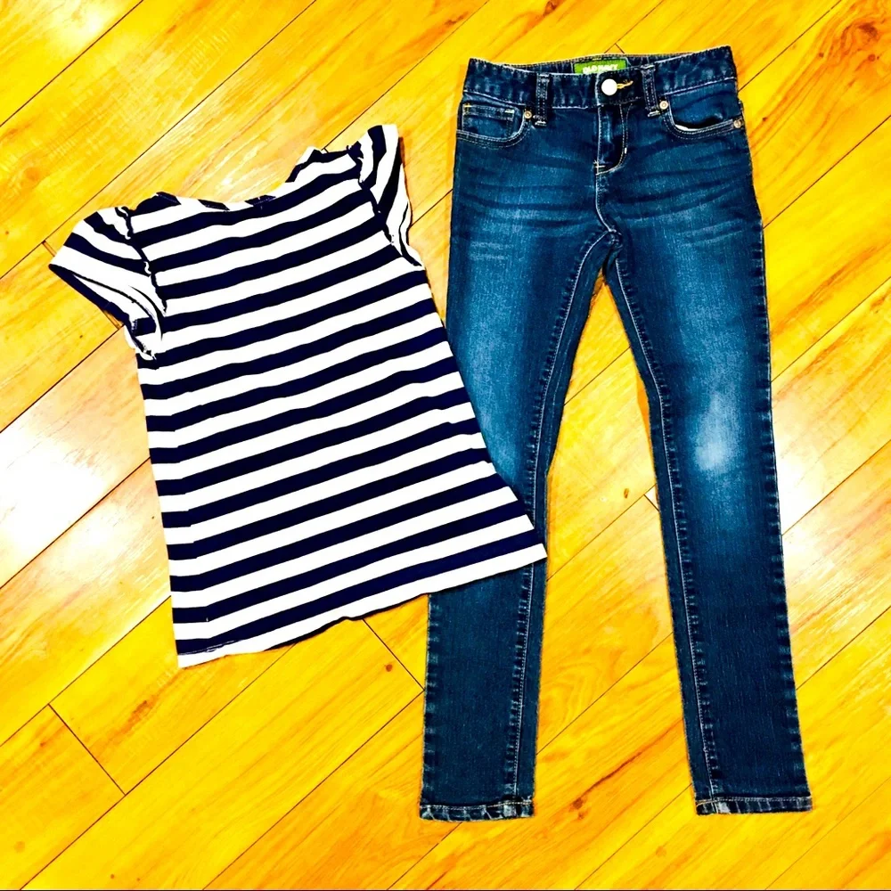 Girl school outfits — skinny denim jeans and Gap striped tee shirt top -…